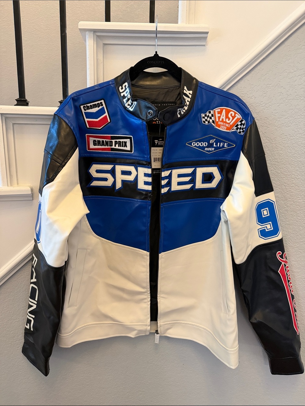 Adult Goodlife Blue White Black Racing 'SPEED' Leather Jacket